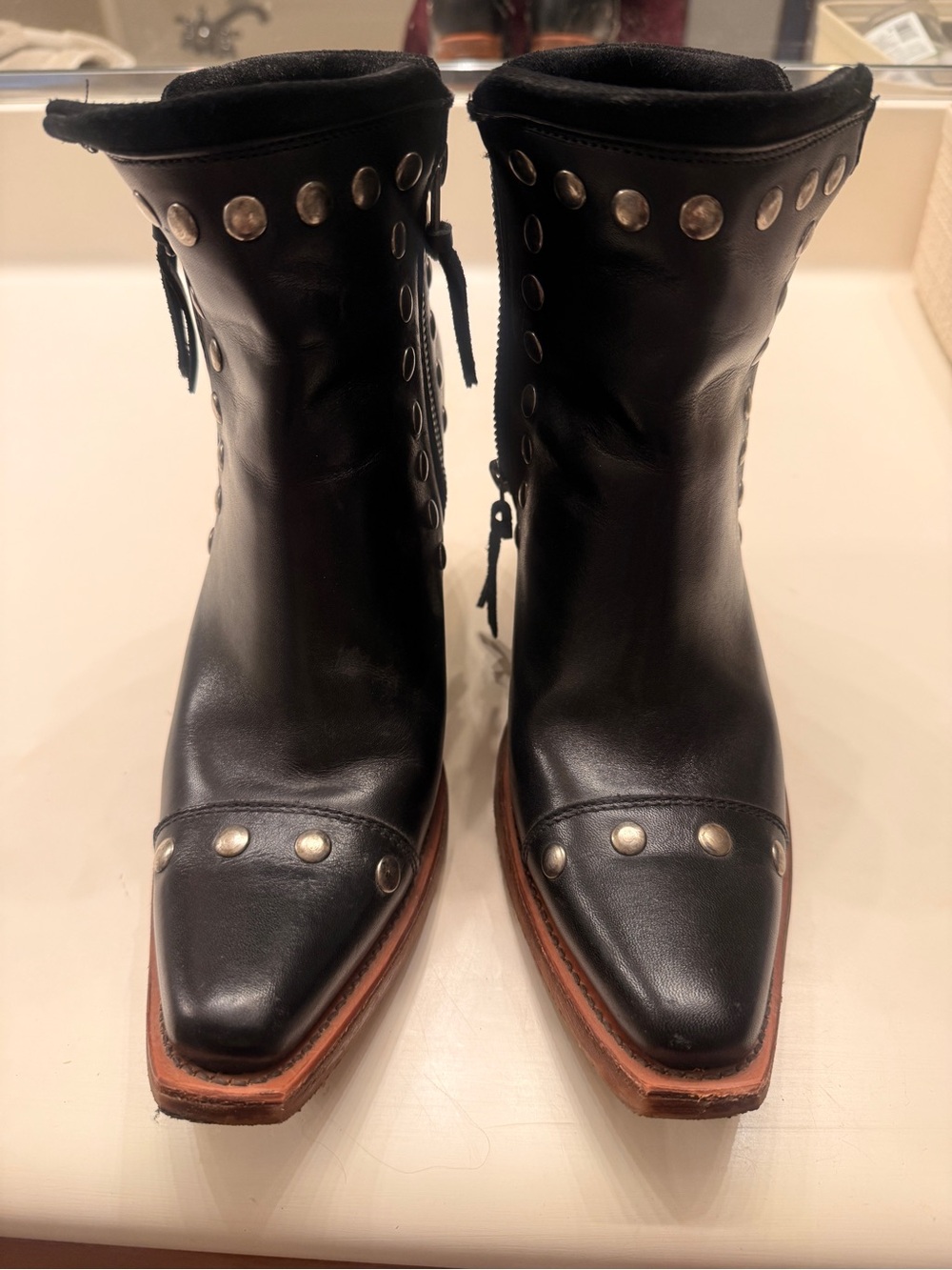 Justin Black Studded Leather Western Ankle Boots - Women's